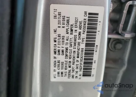 2012 Honda Accord Lx from USA, damaged, VIN 1HGCP2F3XCA200888